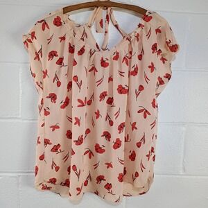 Lauren Conrad Womens Blouse Cap‎ Sleeve Red Floral Cream Cap Sleeve Size XLARGE